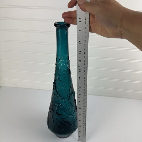 VTG Italy Empoli Genie Bottle Decanter Teal Blue Floral Butterfly NO STOPPER - Picture 9 of 9